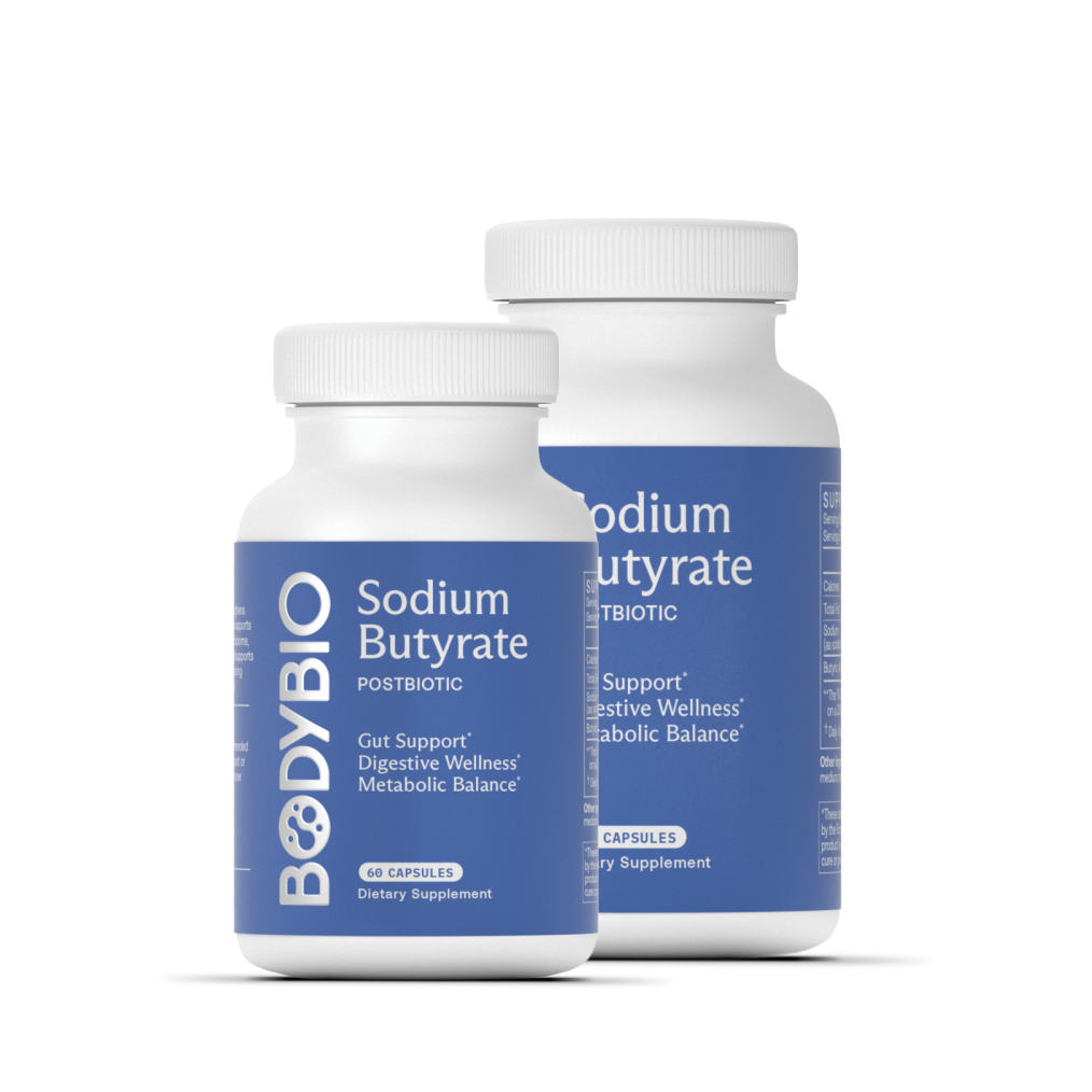 Two white bottles of BodyBio Sodium Butyrate dietary supplement against a white background.