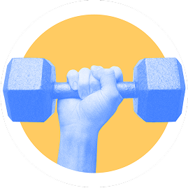 A hand holding a blue dumbbell against a yellow circular background.