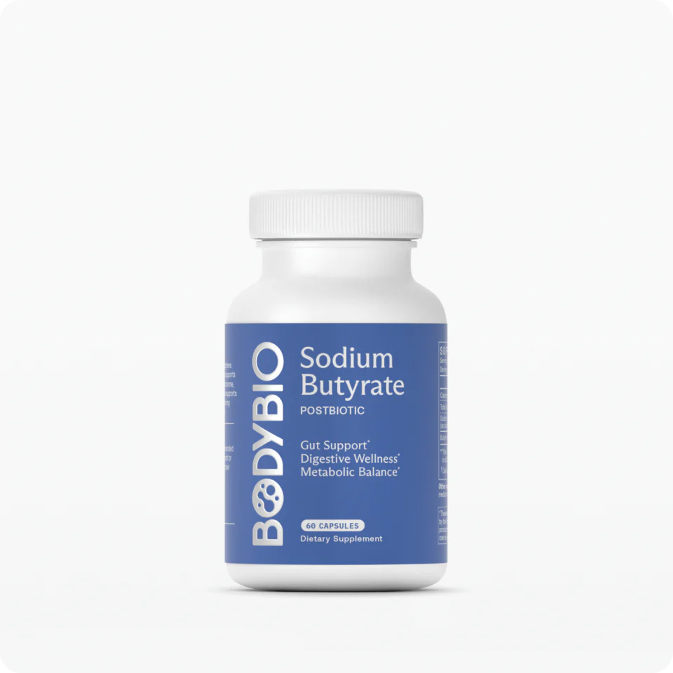 Bottle of BodyBio Sodium Butyrate dietary supplement with blue label.