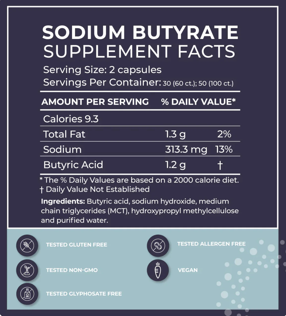 Sodium butyrate supplement facts label with nutritional information and ingredient list.