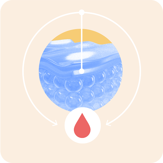 Illustration of a blue gel-like structure with a red droplet icon below.