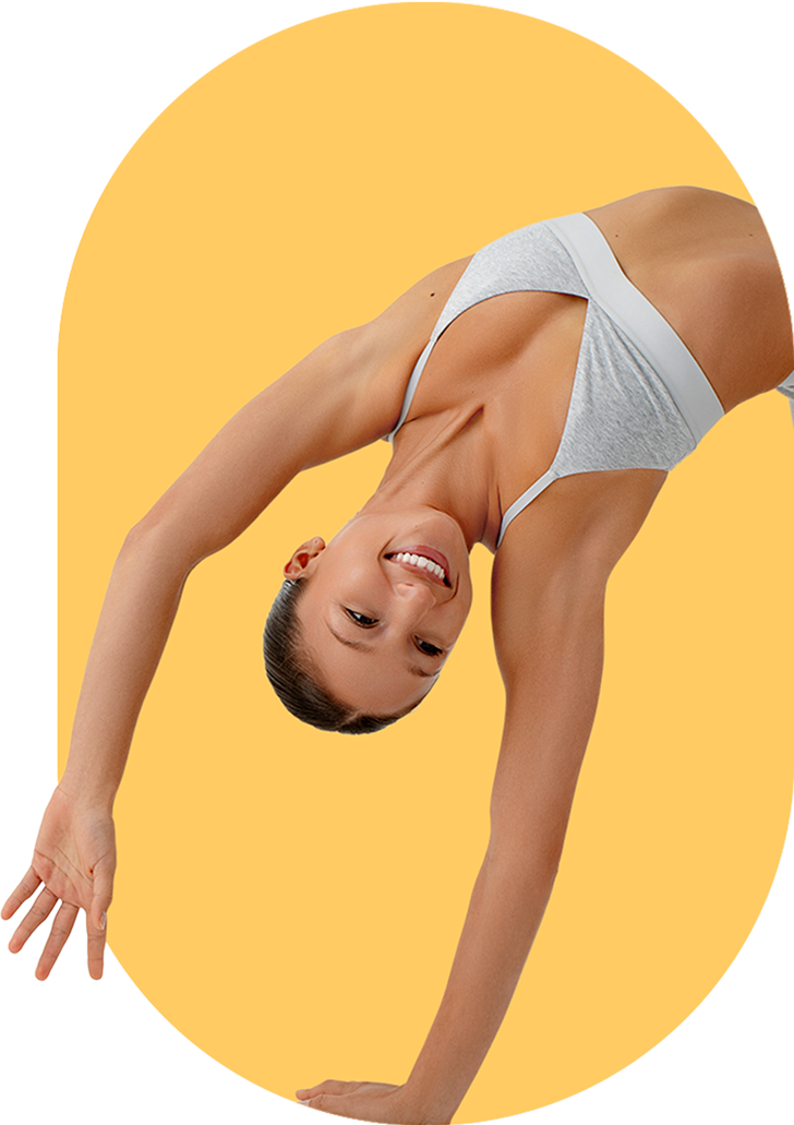 Person in a yoga pose against a yellow background.