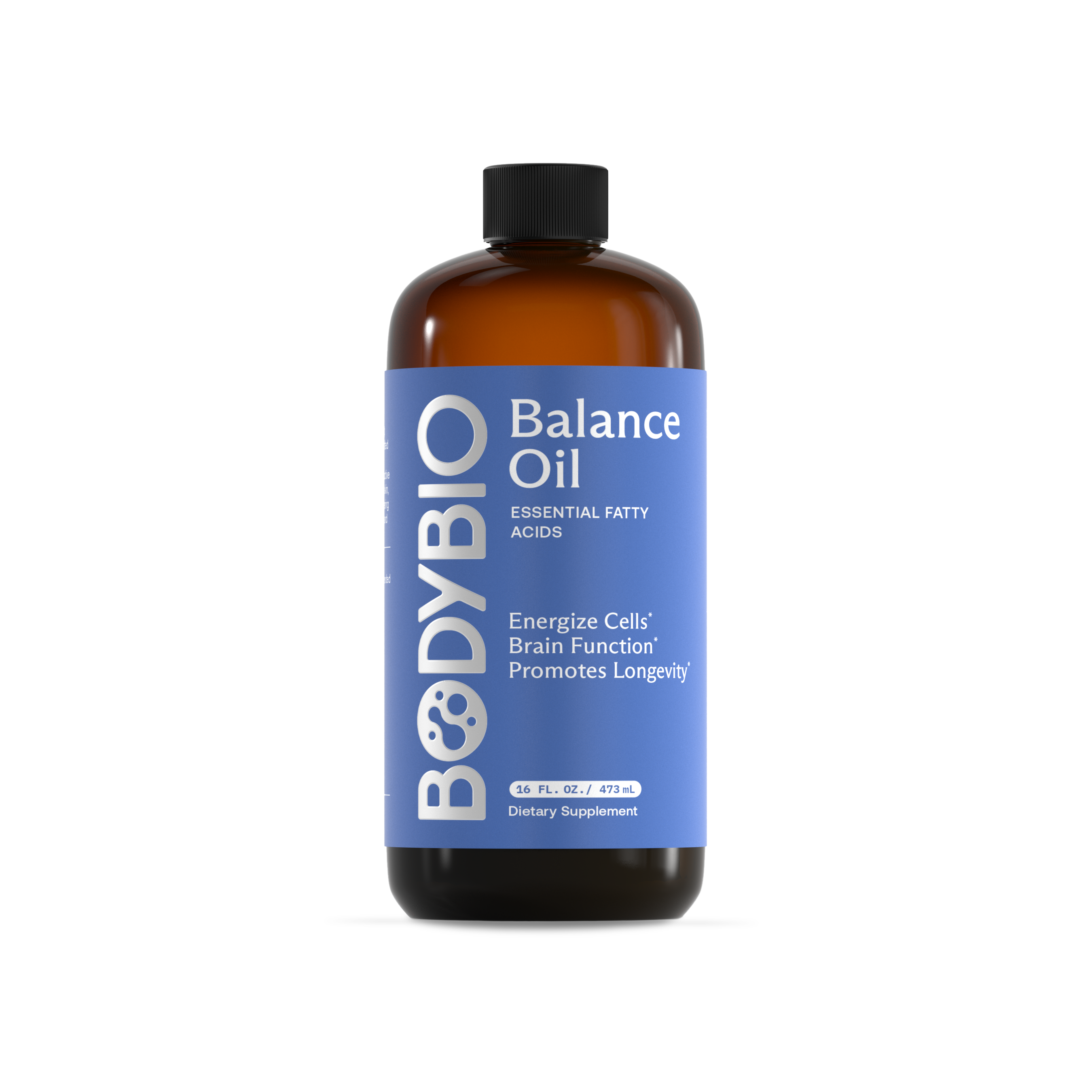 A brown glass bottle of BodyBio Balance Oil dietary supplement with a blue label on a white background.