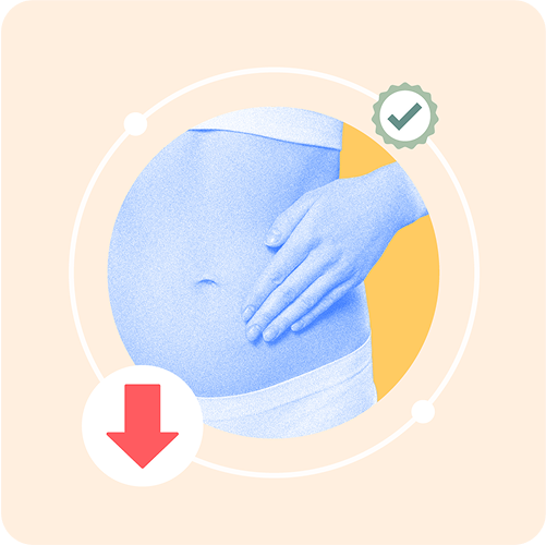 Illustration of a hand on a stomach with a checkmark and downward arrow.