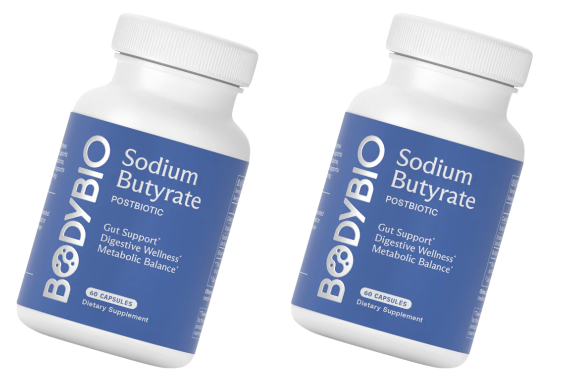 Two bottles of BodyBio Sodium Butyrate dietary supplement with blue labels.