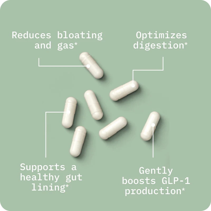 White capsules on green background with digestive health benefits text.