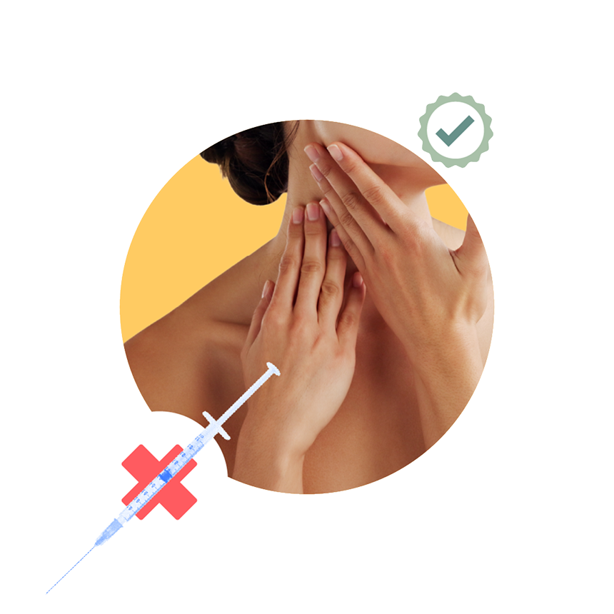 Person touching neck with syringe and checkmark icons.