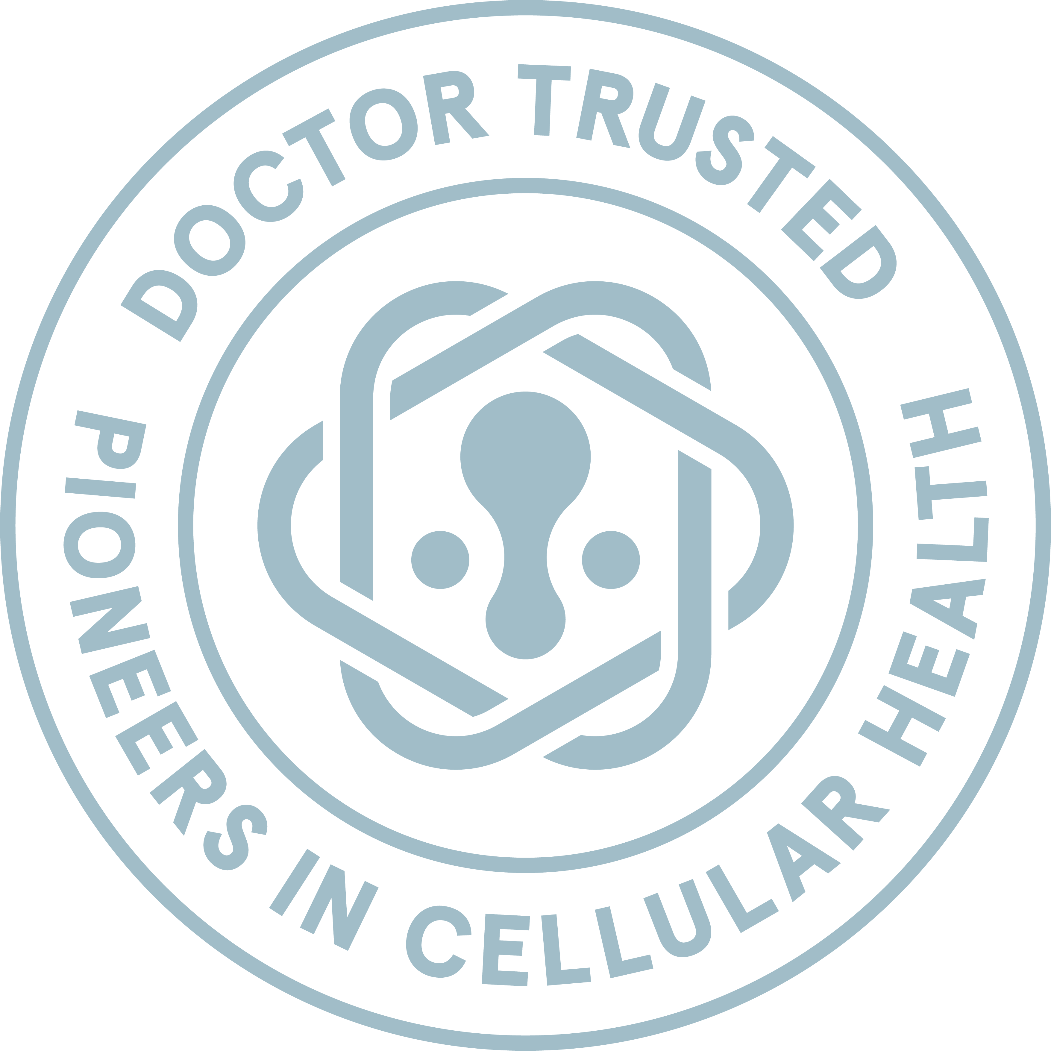 Circular logo with text 'Doctor Trusted Pioneers in Cellular Health' and abstract design.