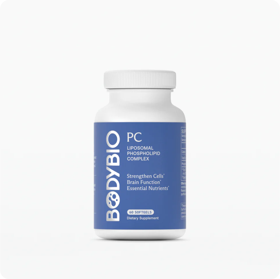 White bottle with blue label, labeled 'BODYBIO PC Liposomal Phospholipid Complex.'