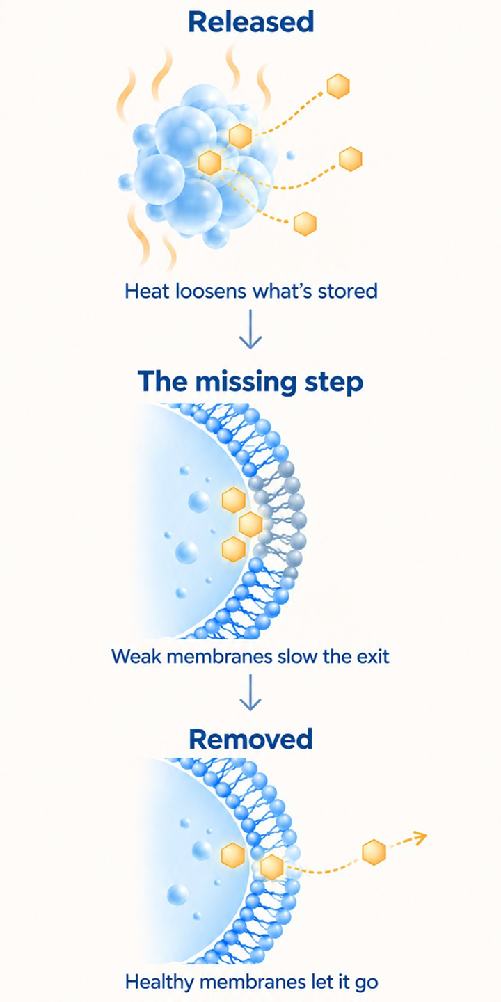 Diagram of the detox process: heat releases stored toxins, weak cell membranes slow their exit, and healthy membranes let them go