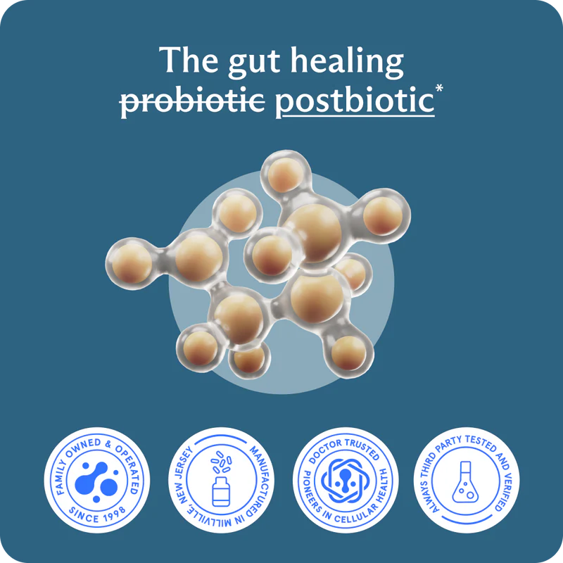 Illustration of molecules with text about gut healing postbiotics and certification badges.