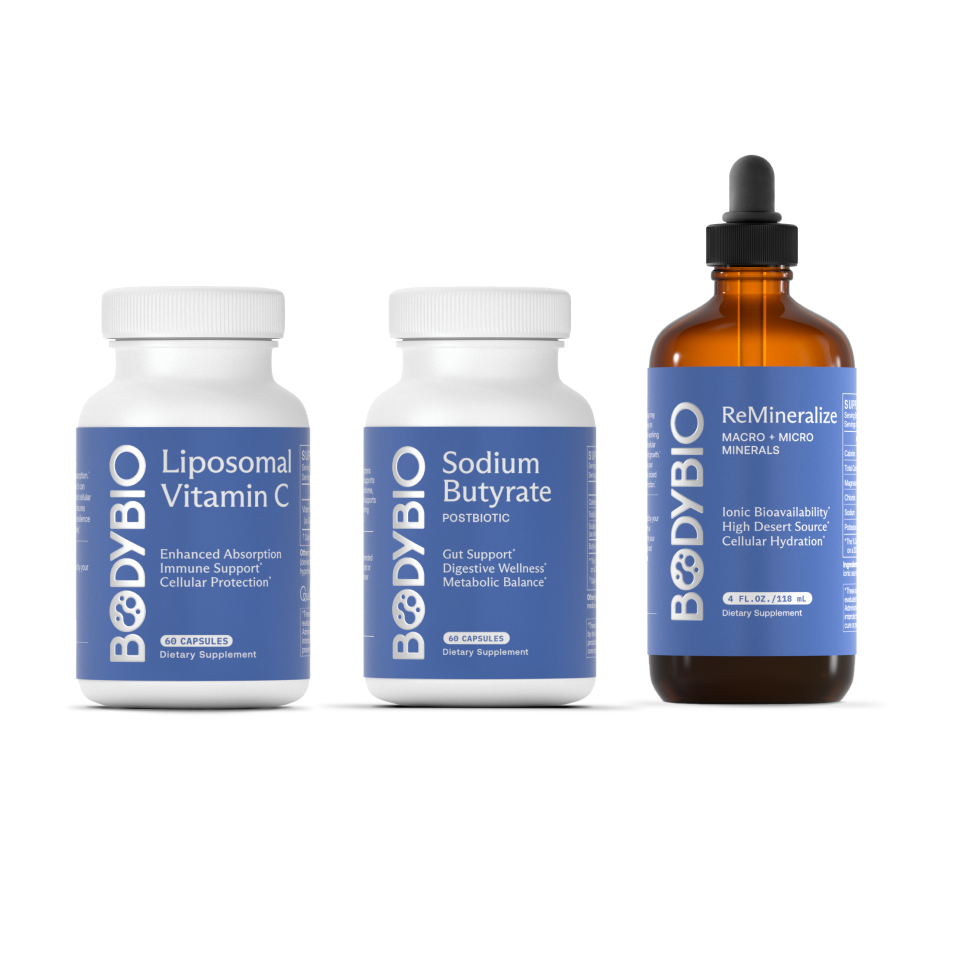 Three BodyBio dietary supplement bottles with blue labels.