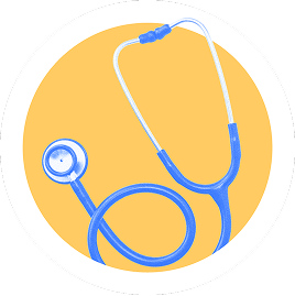A blue stethoscope on an orange circle background.