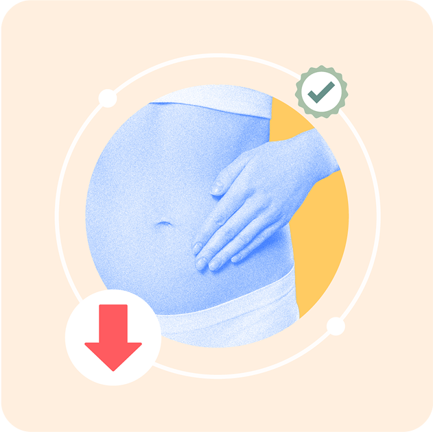 Illustration of a hand on a stomach with a checkmark and downward arrow.