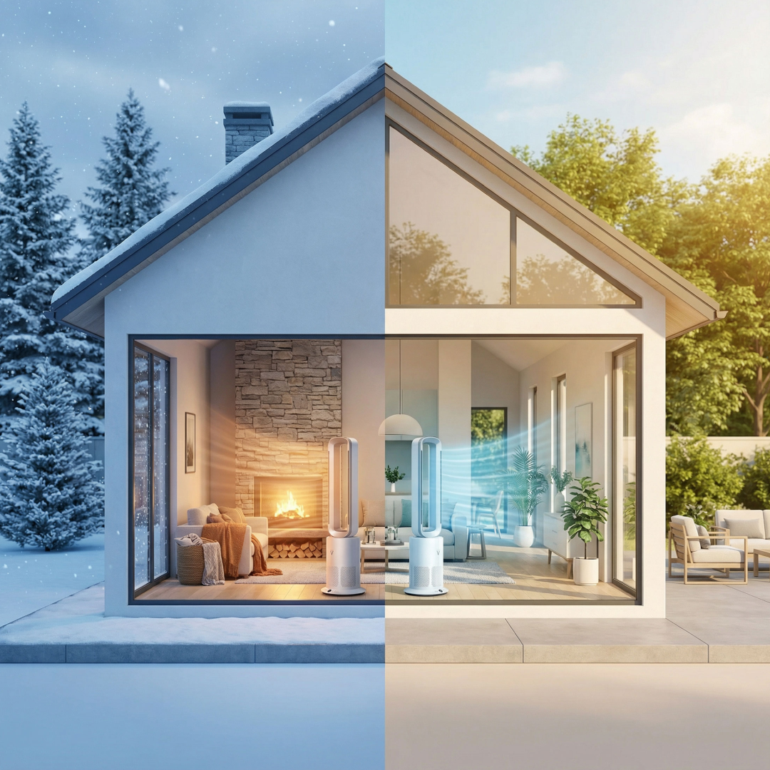 A split-screen image shows a house in winter and summer, with an appliance heating and cooling the interior.