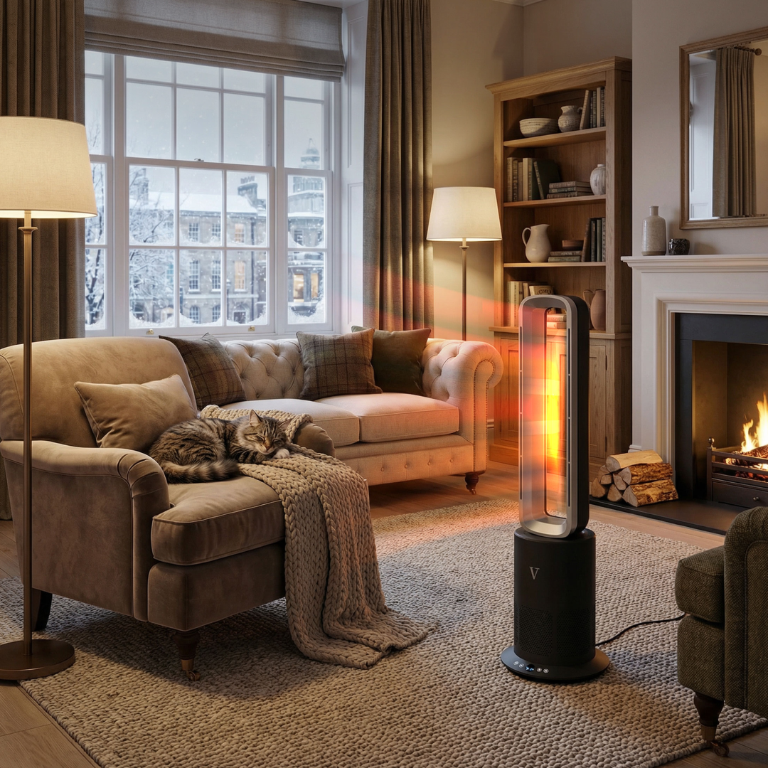 A glowing space heater in a cozy living room with a cat sleeping on an armchair by a fireplace.