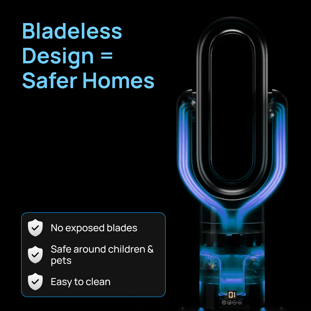 A bladeless fan with blue lights indicating airflow, next to text highlighting its safety features.
