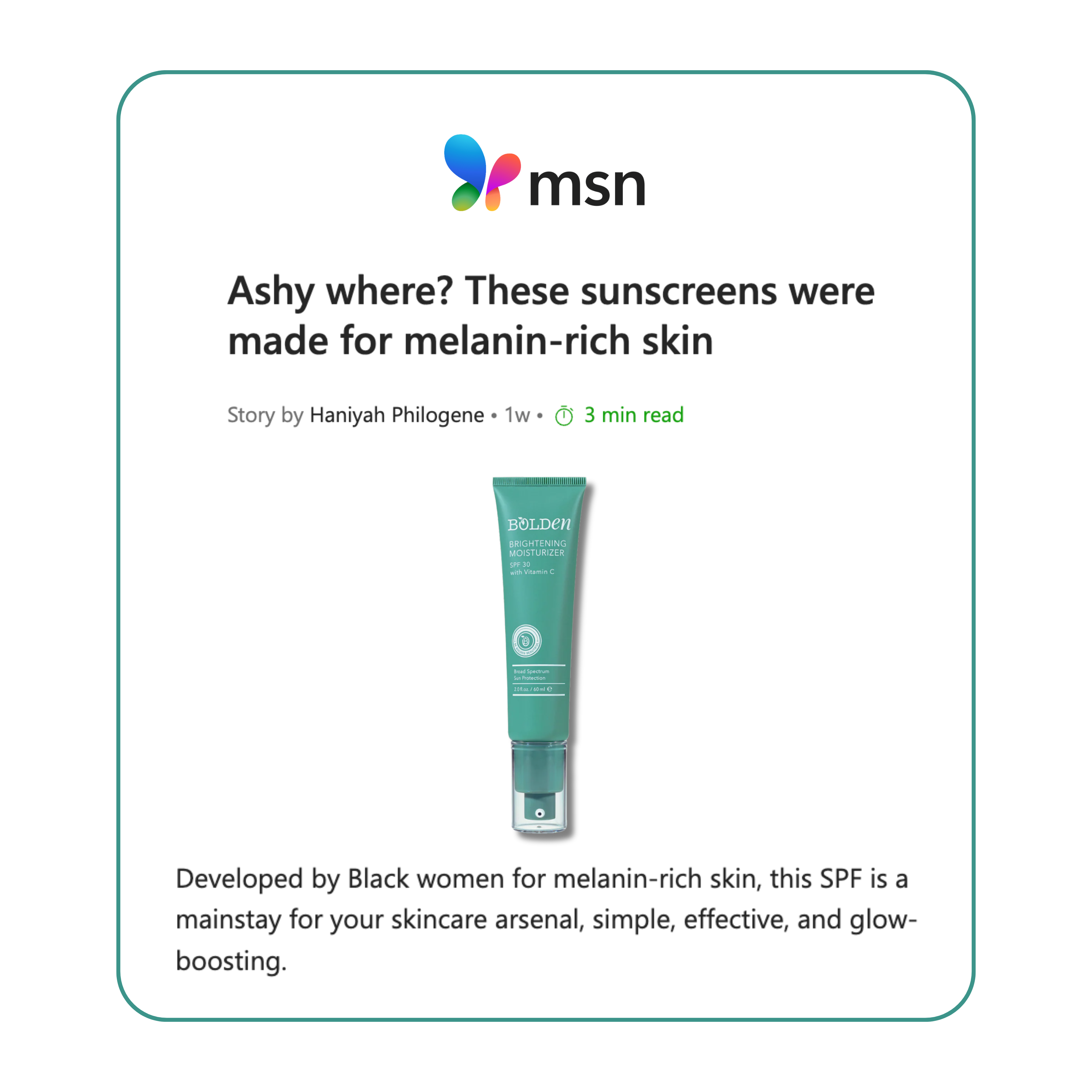 Screenshot of an MSN webpage about sunscreen for melanin-rich skin.