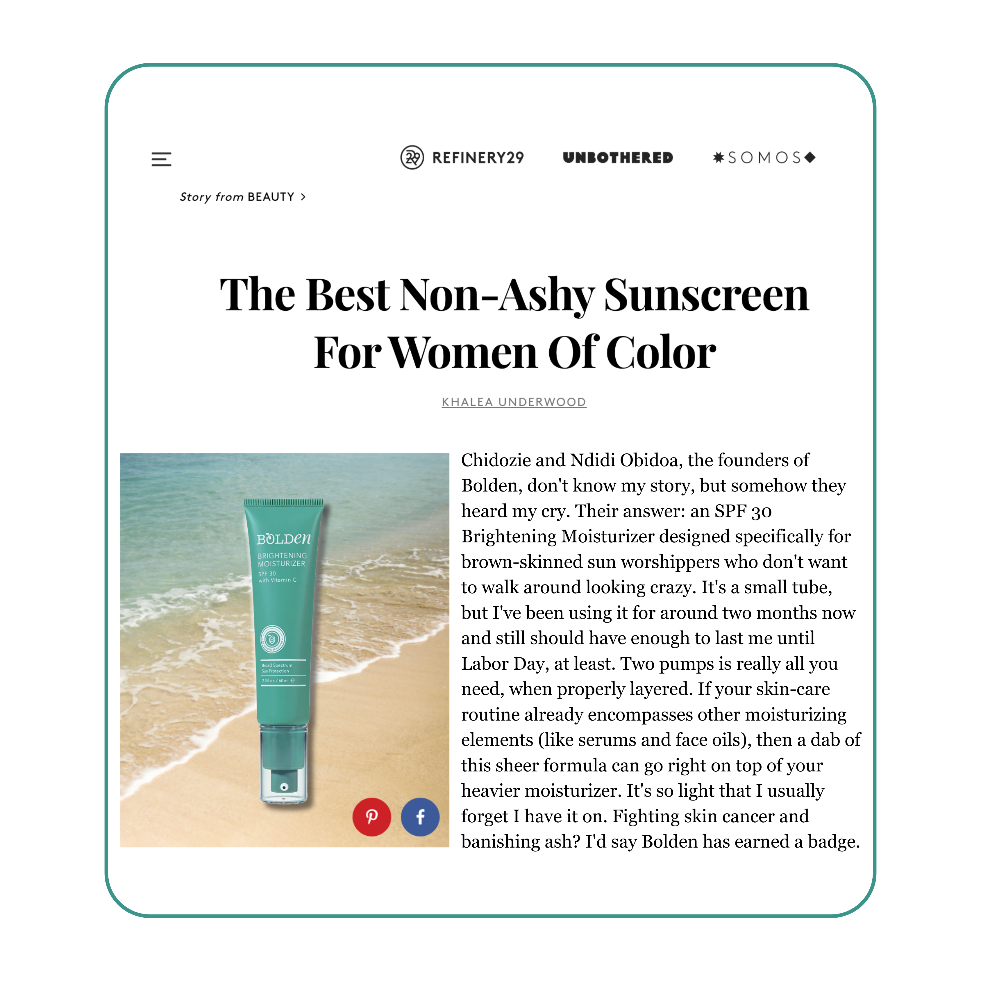 Article on non-ashy sunscreen for women of color with an image of Bolden lotion.
