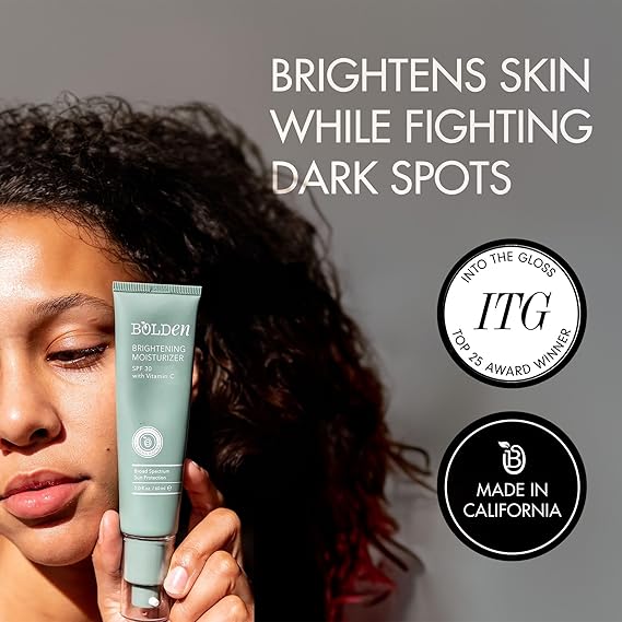 Person holding a tube of Bolden Brightening Moisturizer with text about brightening skin.