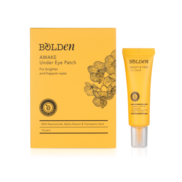 Yellow packaging of under-eye patch and eye cream.