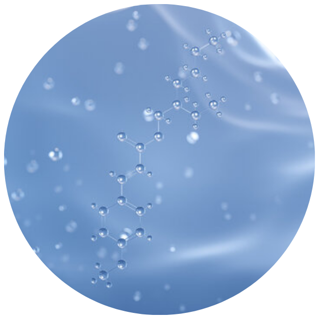 Molecular structure illustration on a blue background with abstract lines.