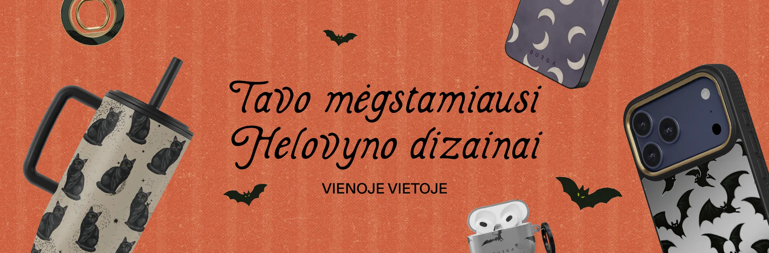 A flat lay of various Halloween-themed phone accessories on a textured orange background with bat illustrations.