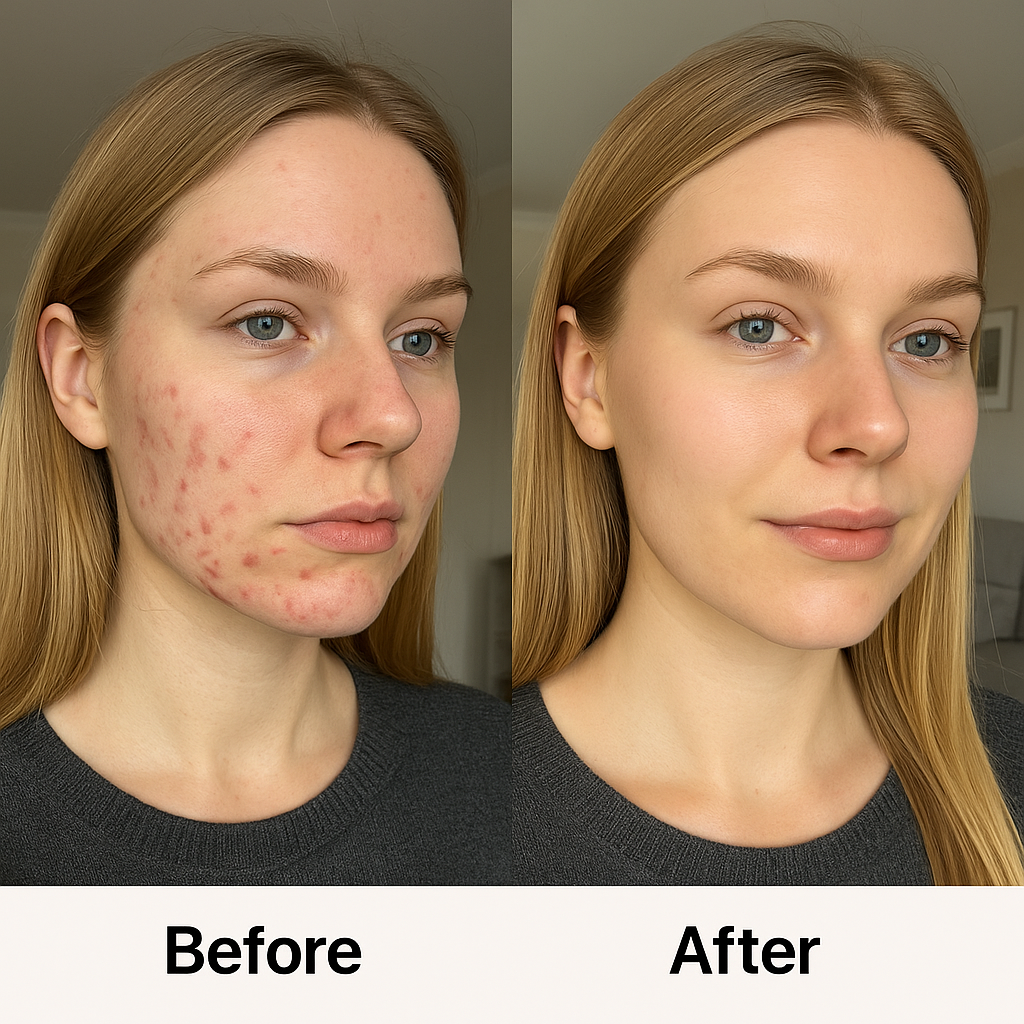 Side-by-side comparison of a woman's face before and after skin treatment.