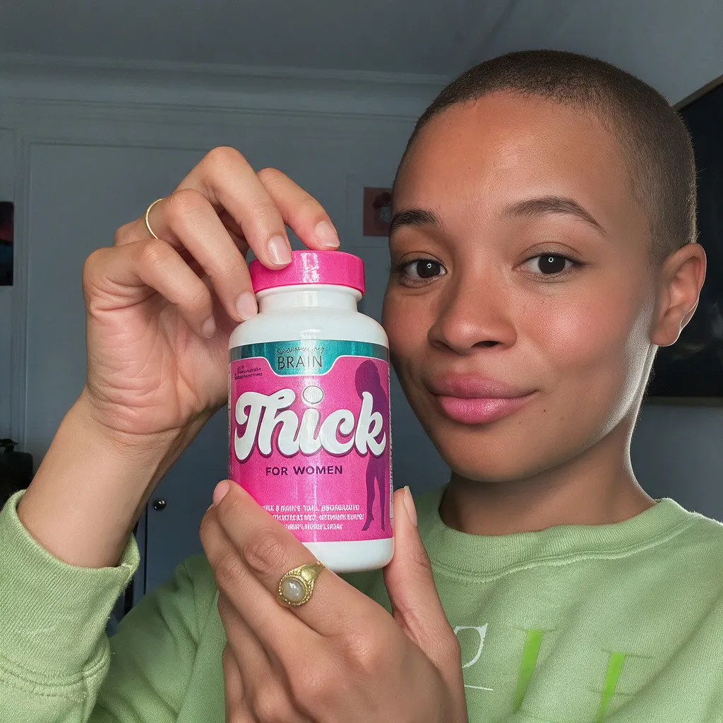 A person with a buzz cut holds a bottle of supplements labeled 'Thick FOR WOMEN'.