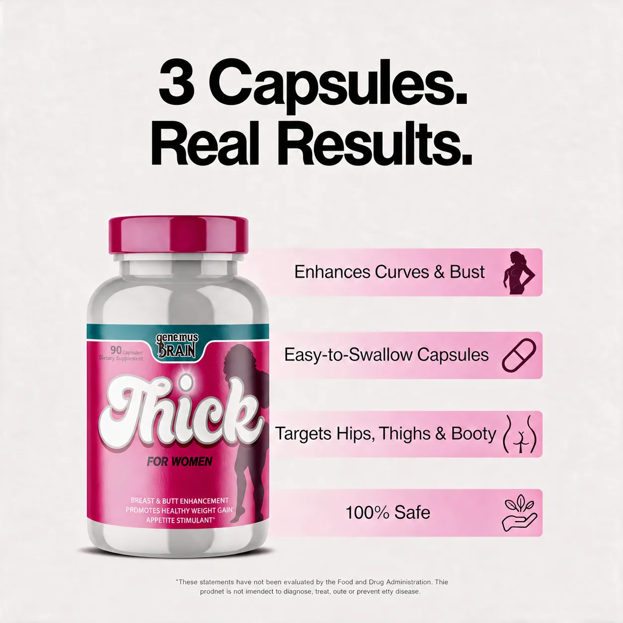 An advertisement for Genemus Brain 'Thick for Women' supplement, showing the bottle and listing its benefits.