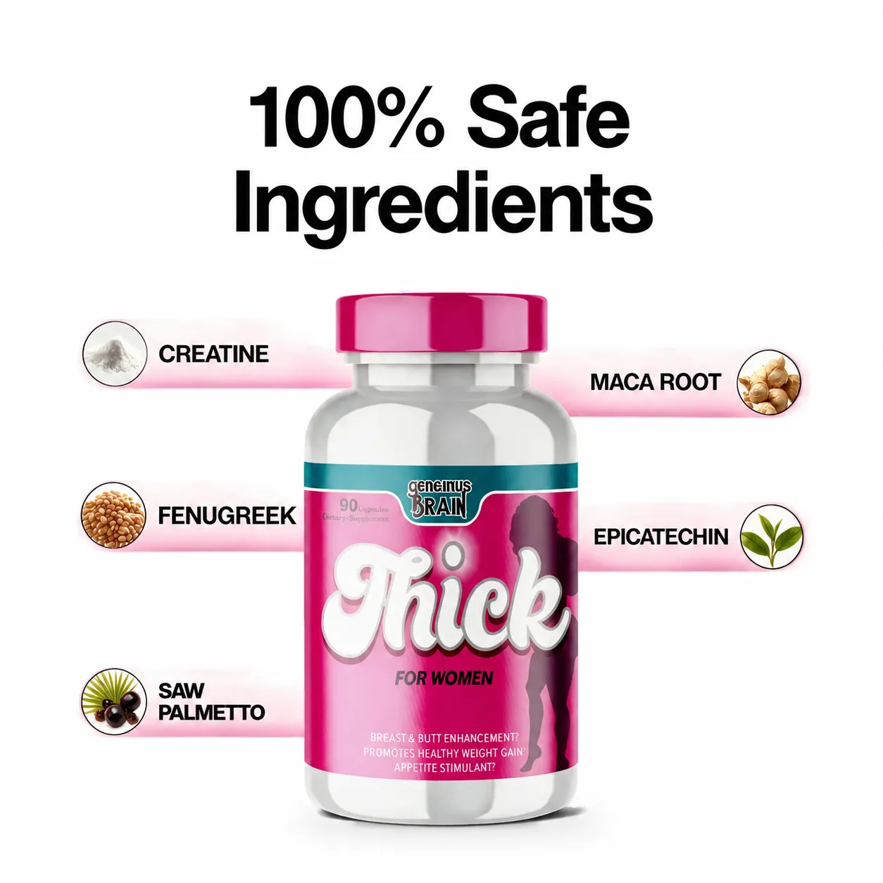 A promotional image for a supplement called 'Thick for Women', showing the bottle surrounded by its ingredients.