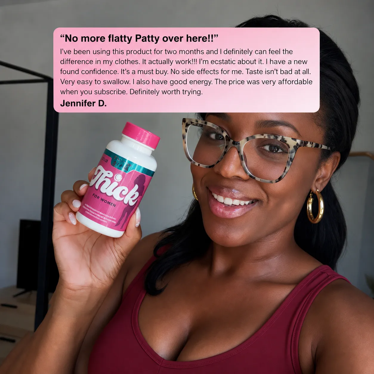A smiling woman in glasses holds a bottle of 'Thick for Women' next to a customer testimonial.