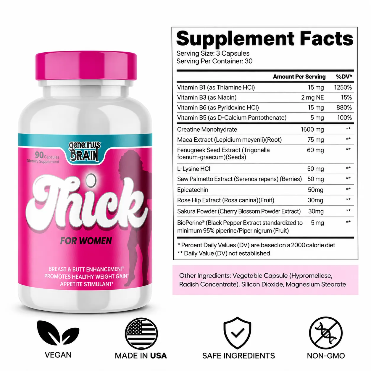 A bottle of 'Thick for Women' dietary supplement next to its supplement facts label and quality icons.