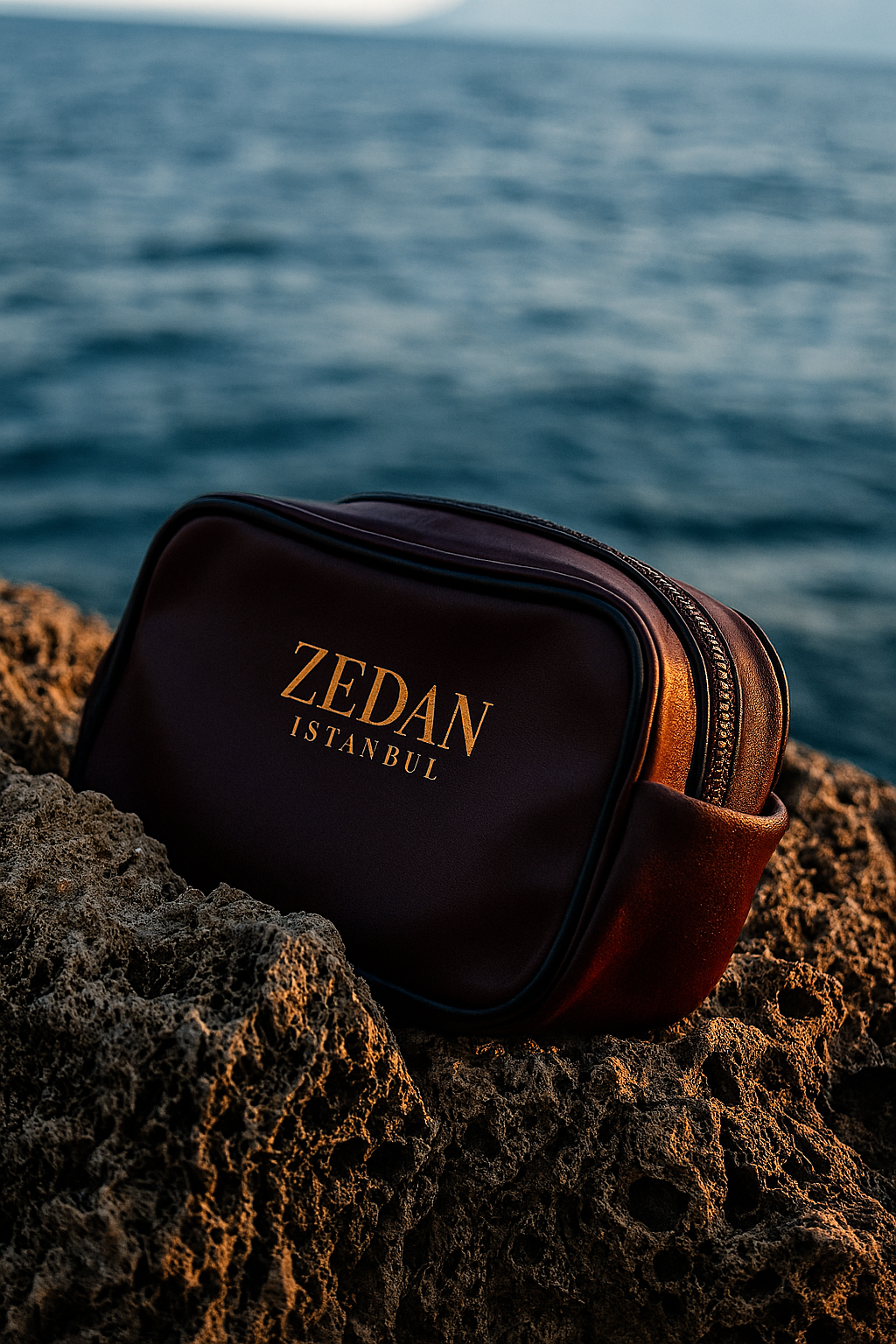 Brown bag with 'Zedan Istanbul' on rocky shore by the sea.