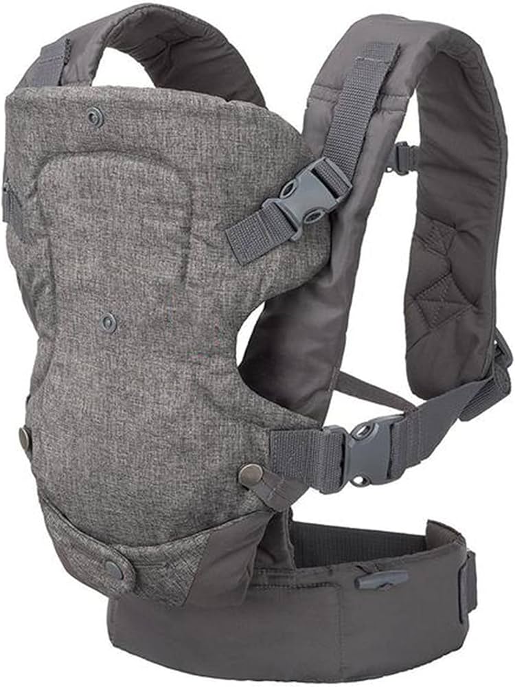 Gray baby carrier with adjustable straps and buckles.