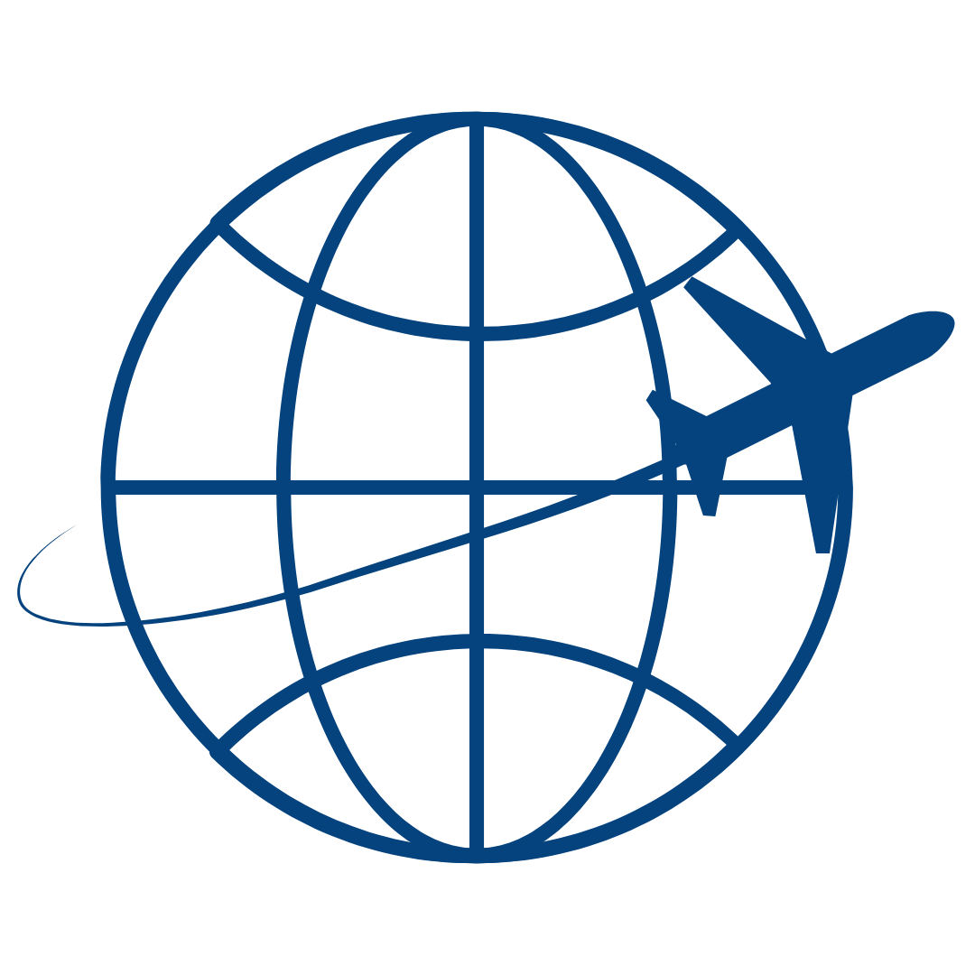 Blue airplane flying around a globe icon.