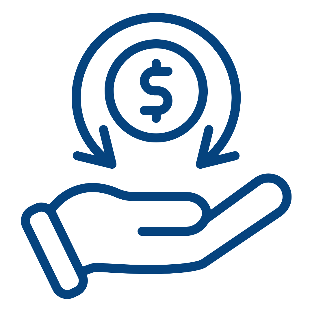 Blue icon of a hand holding a dollar symbol with arrows.