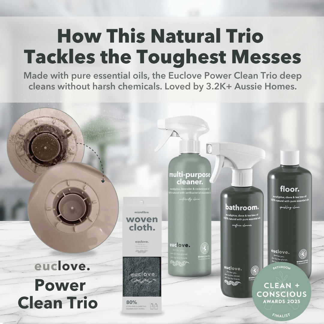 Cleaning products and cloth with text about natural cleaning solutions.