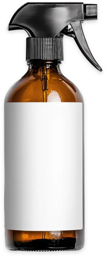 Amber spray bottle with a blank white label.