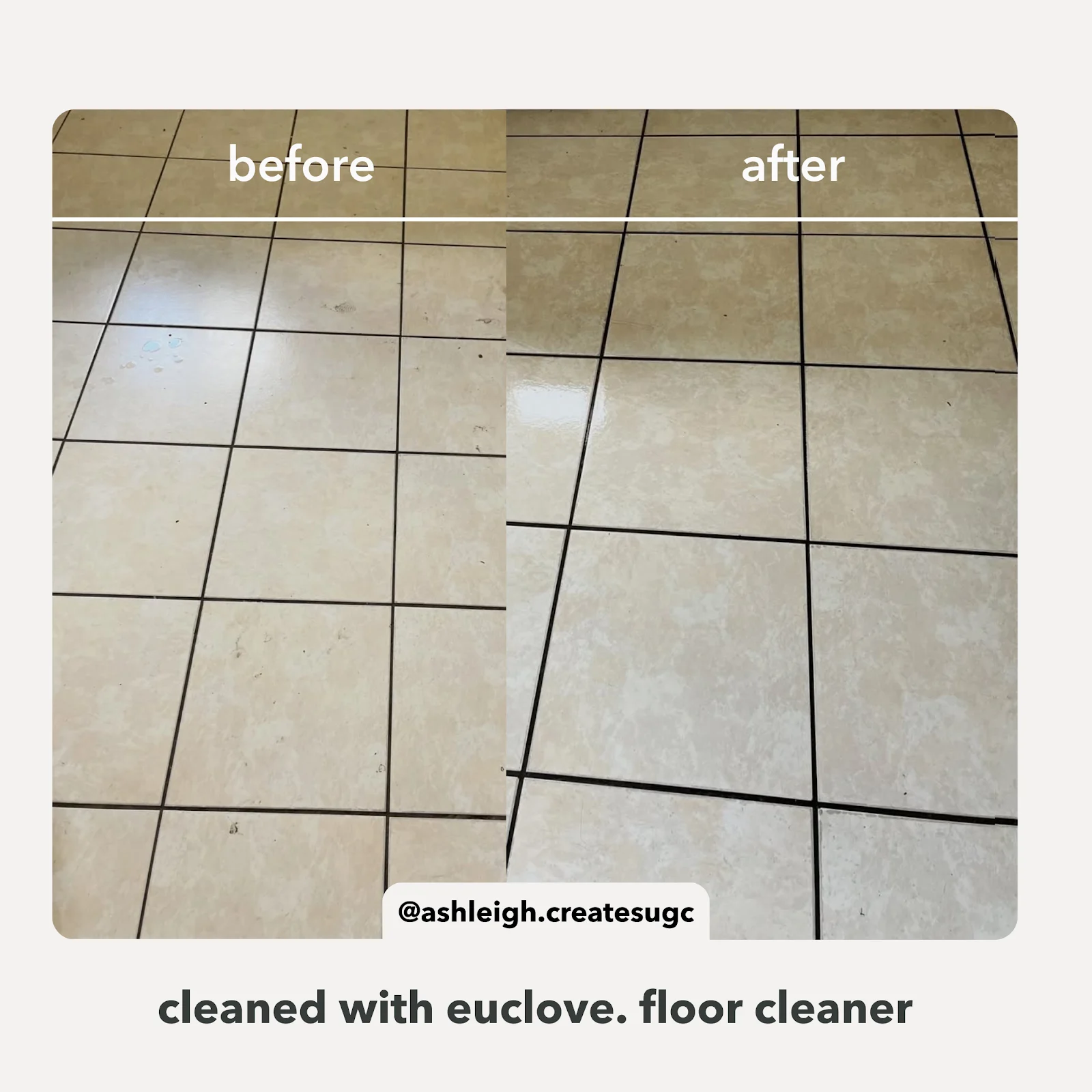 A side-by-side comparison of a tiled floor, showing the dirty floor before cleaning and the clean floor after.