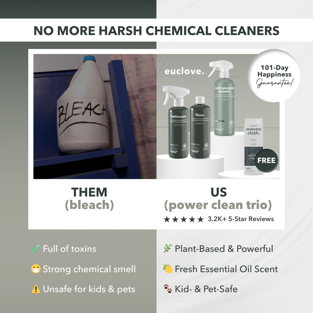 Comparison of bleach and plant-based cleaning products with benefits listed.