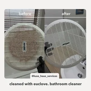 A before and after image of a round bathroom fan cover, showing it dirty and then clean.