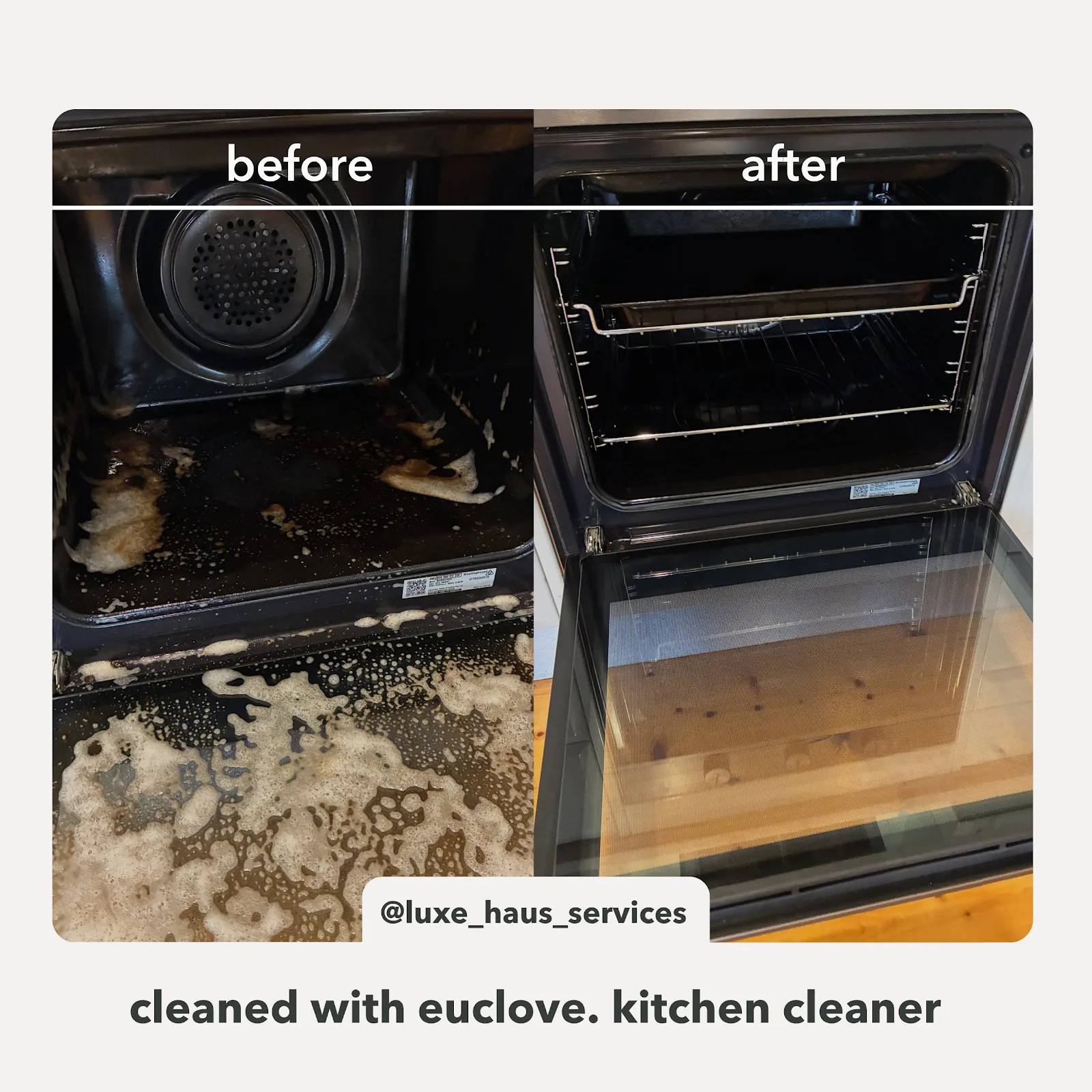 A split-screen comparison showing the inside of a dirty oven before and after being cleaned.