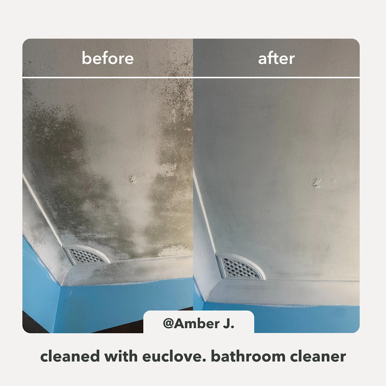 A before and after comparison of a dirty bathroom ceiling that has been cleaned.
