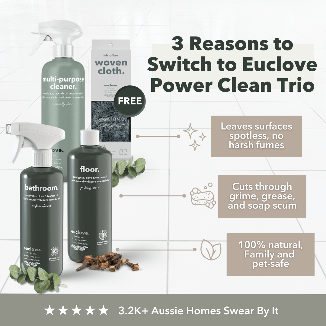 Image of Euclove cleaning products with text highlighting benefits and features.