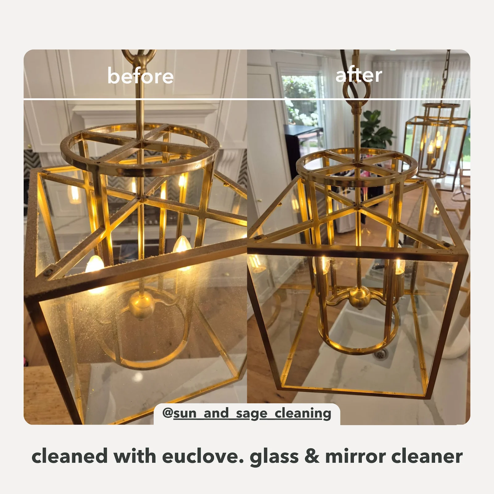 A before and after image showing a dusty brass chandelier that is now clean and sparkling.