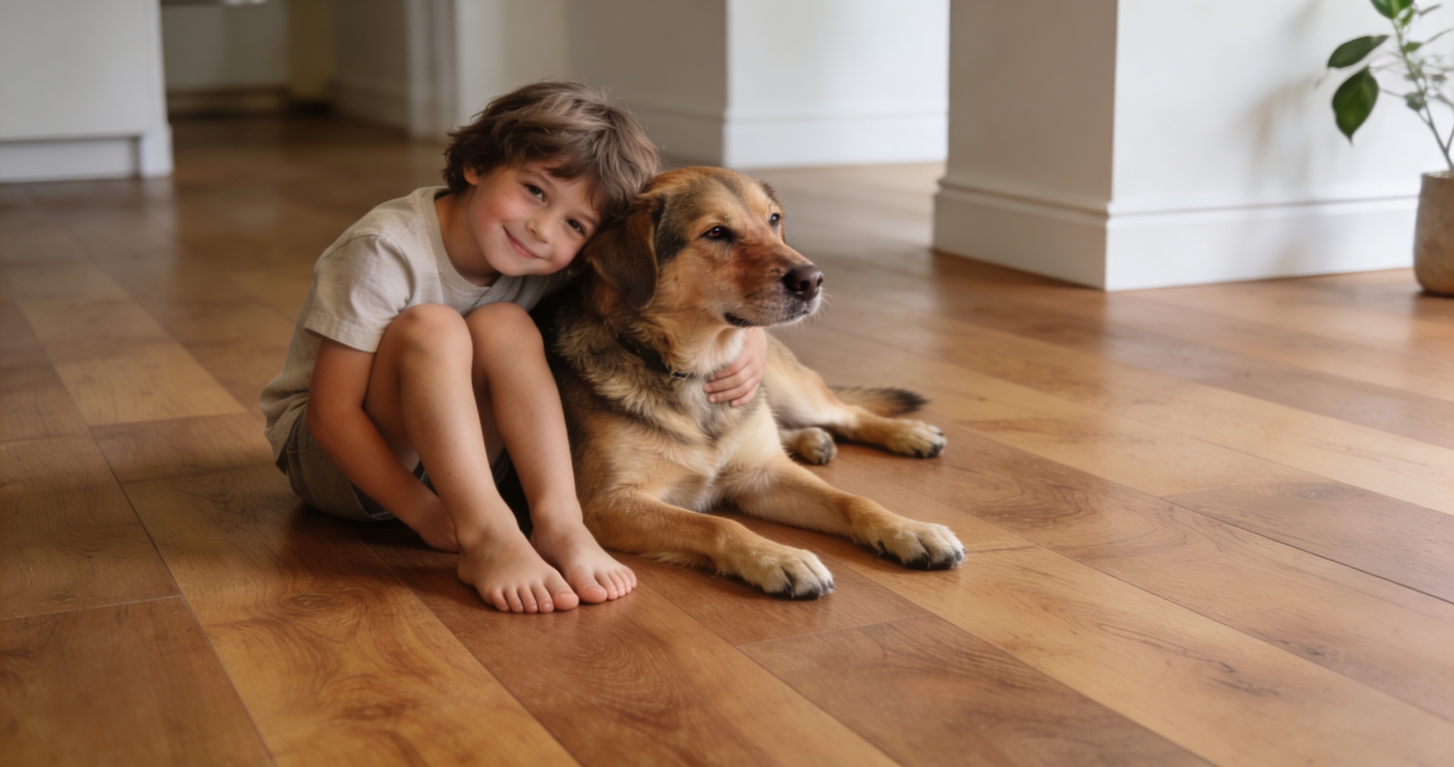 A young boy sits on a wooden floor, smiling at the camera while hugging a brown dog.