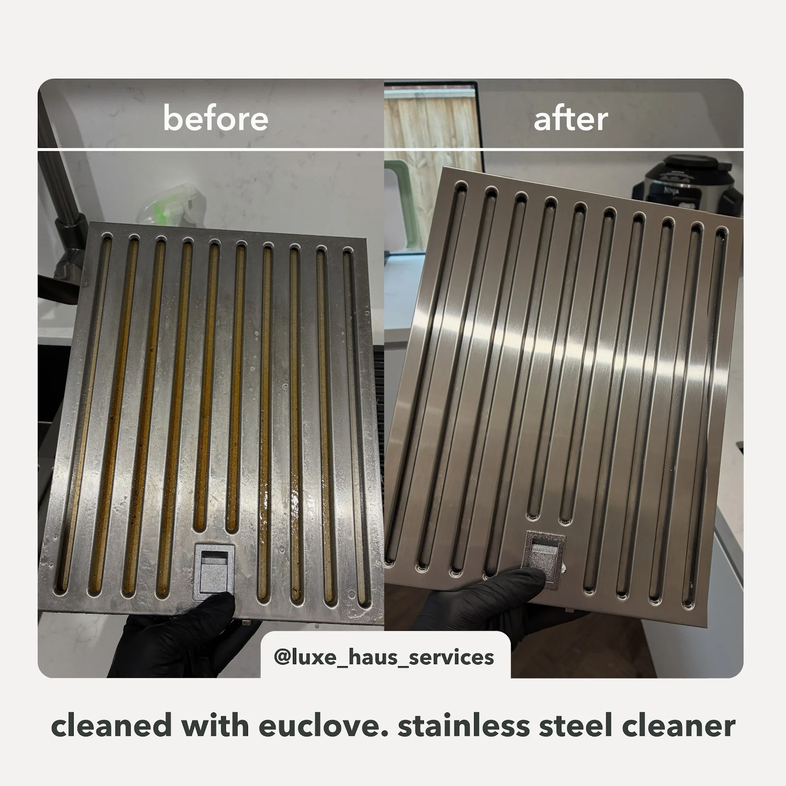 A before and after comparison of a greasy stainless steel range hood filter being cleaned until sparkling.