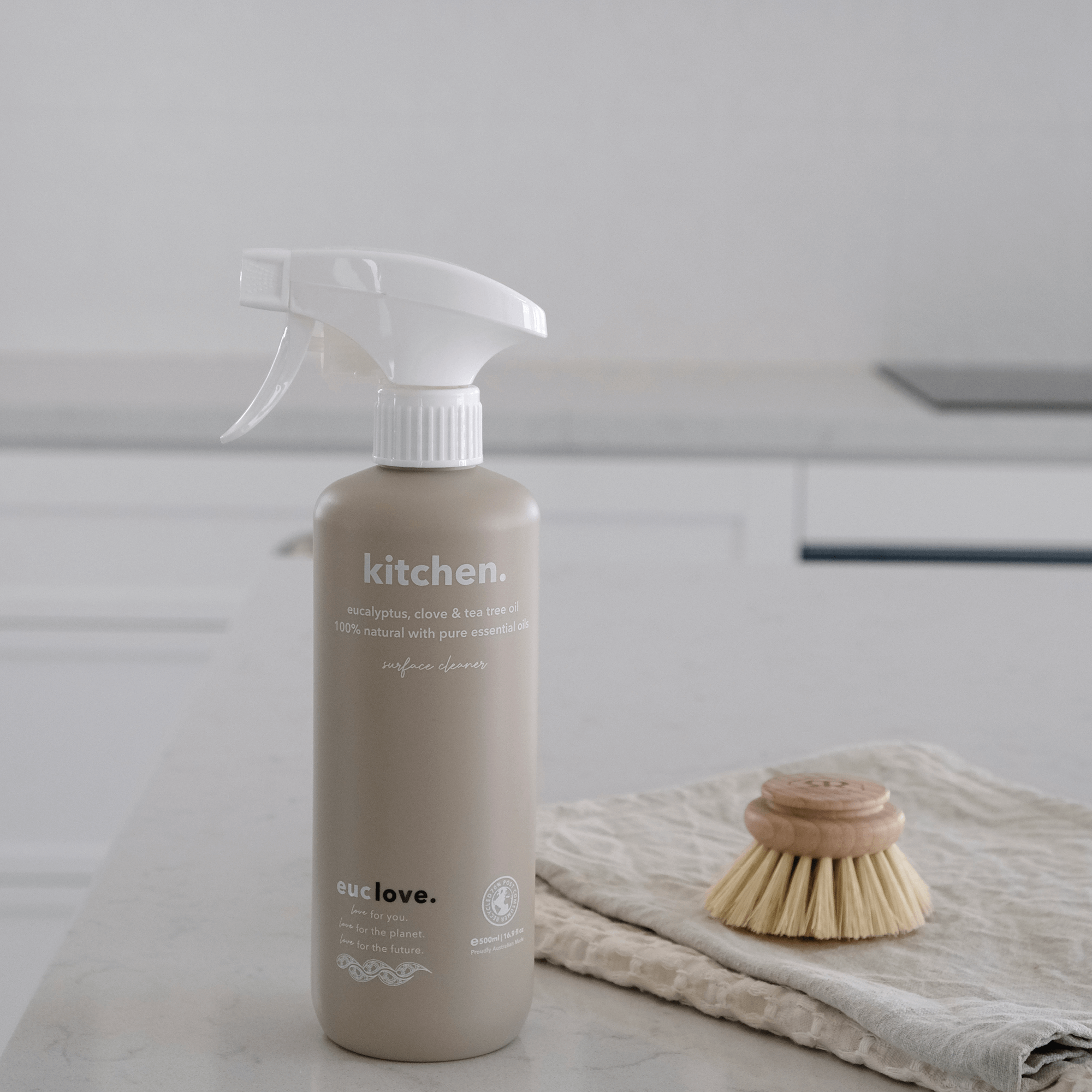 Spray bottle of kitchen cleaner and wooden scrub brush on a countertop.