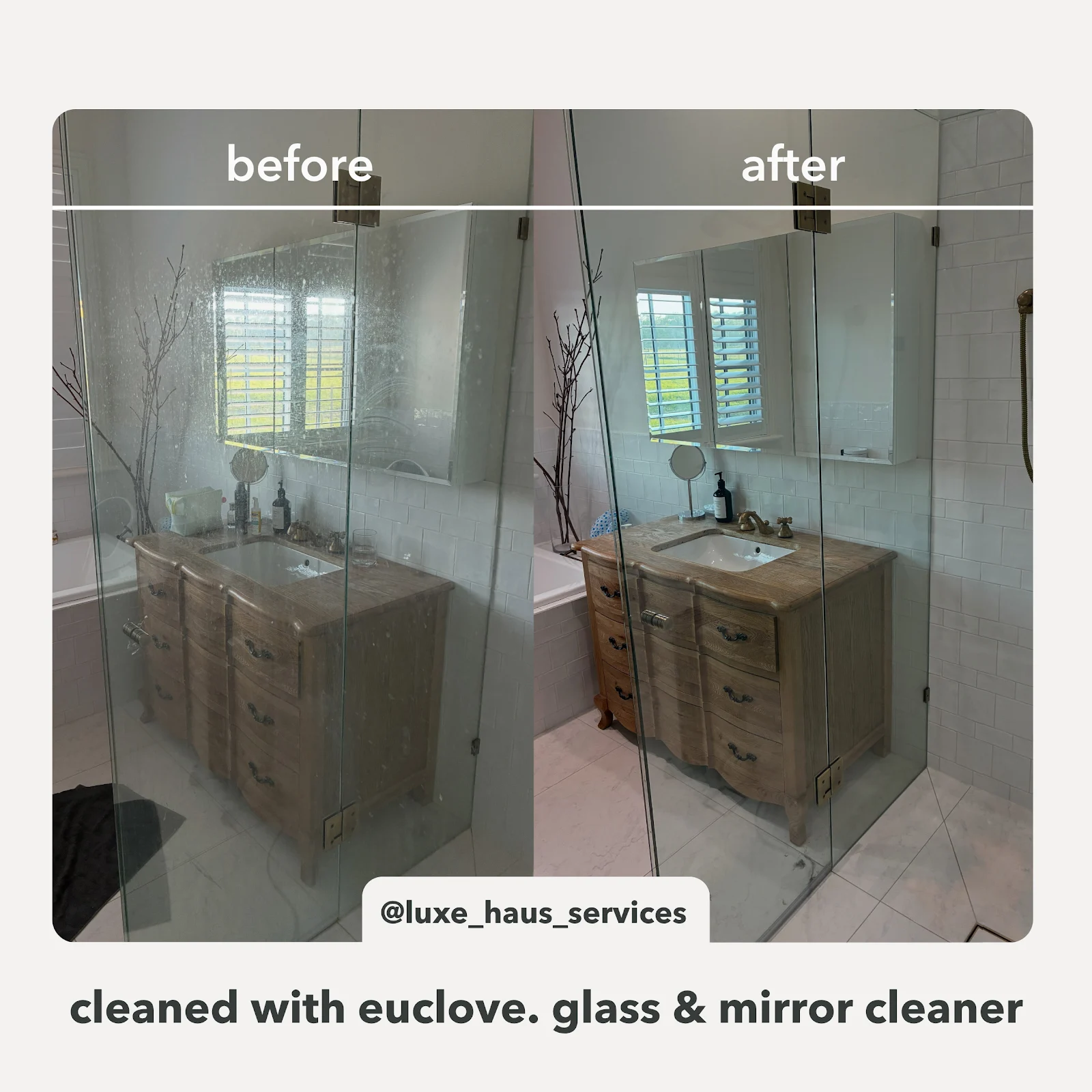 A before and after comparison of a dirty glass shower door that is now clean and clear.